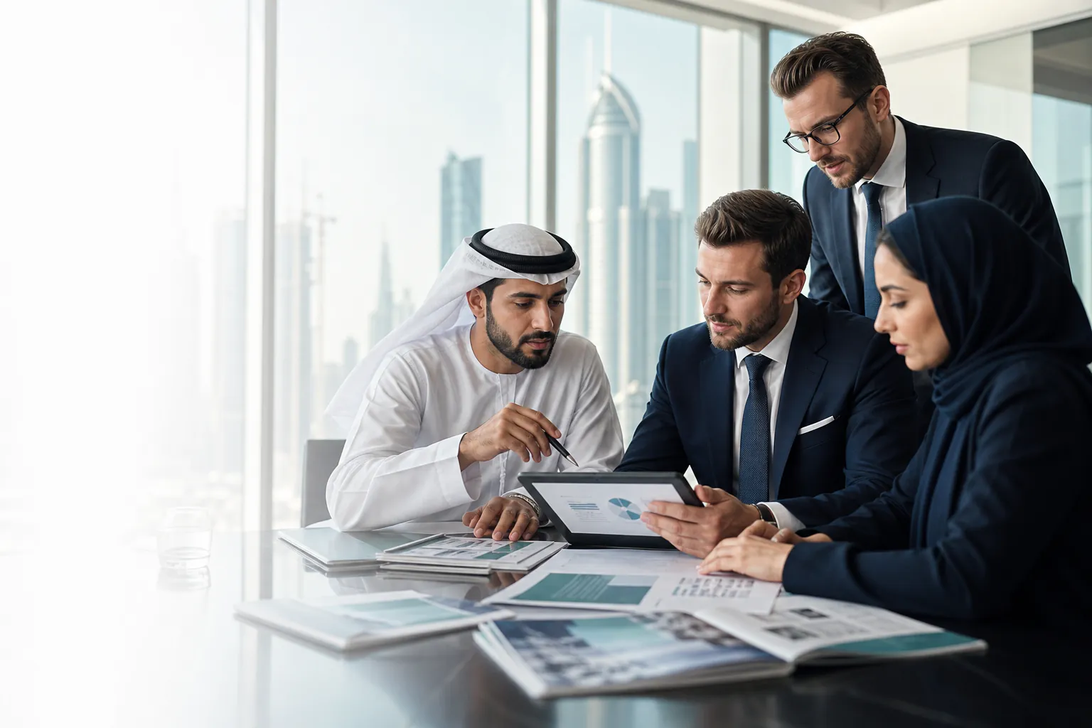 CSP advisory team reviewing Free Zone briefing documents together in a Dubai office