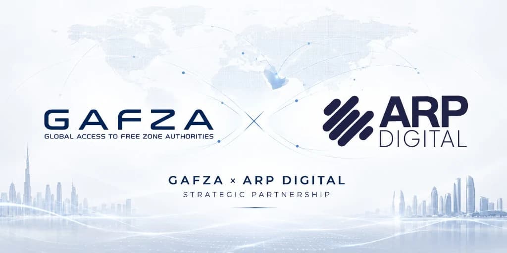 GAFZA and ARP Digital strategic partnership announcement graphic showing both organisations' logos over a stylised world map and the Dubai skyline