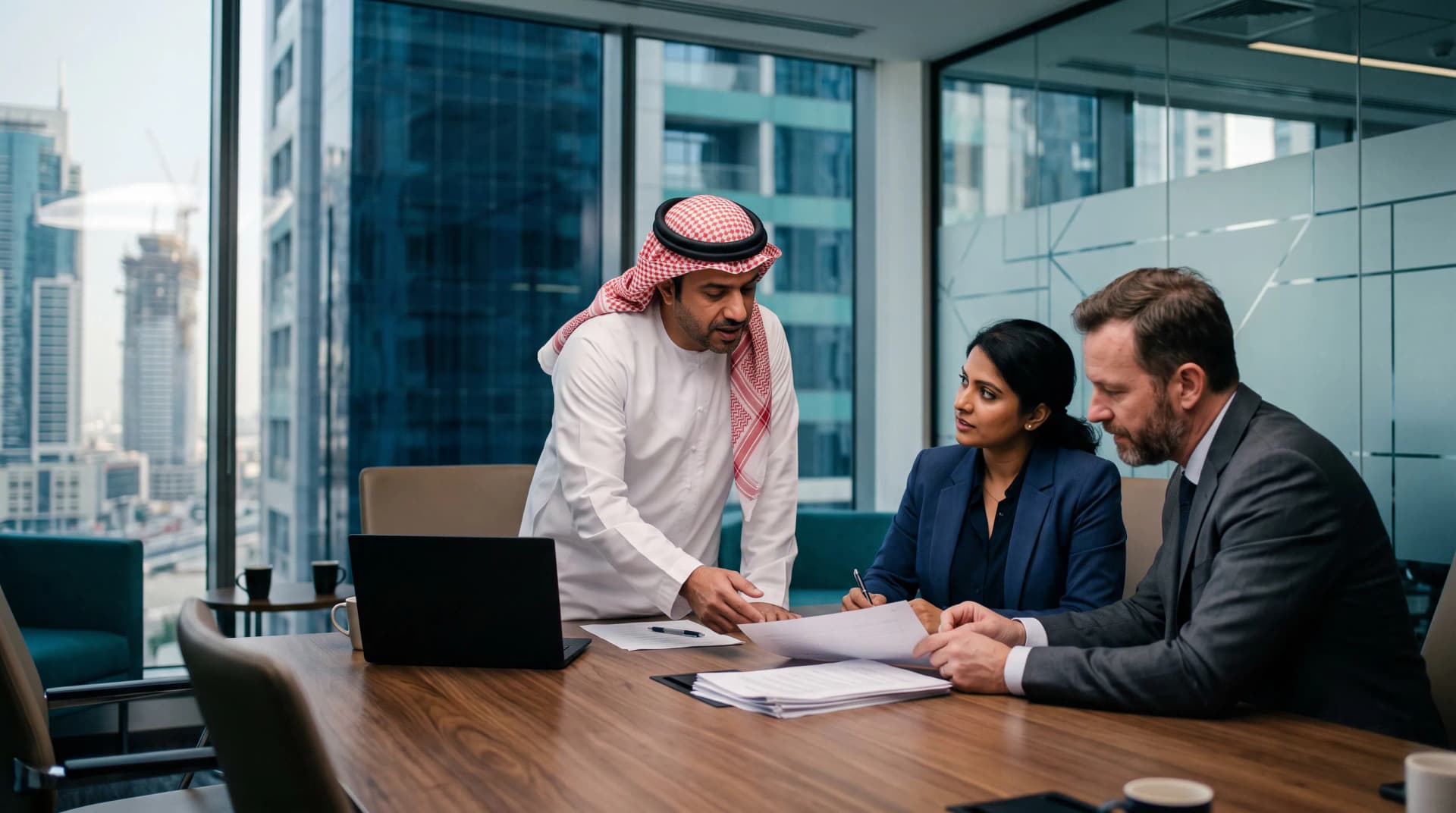 A GAFZA channel lead and consultants review a Corporate Service Provider partnership profile in a Dubai office