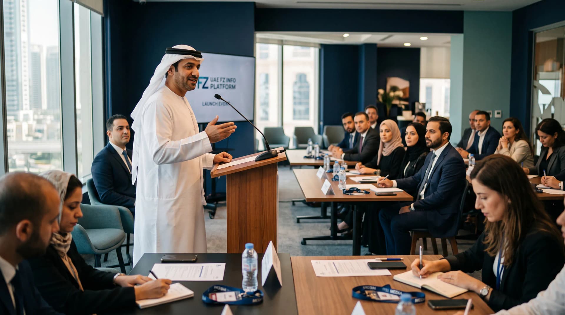 GAFZA founder introduces the source-linked Free Zone information platform at a media briefing in Dubai