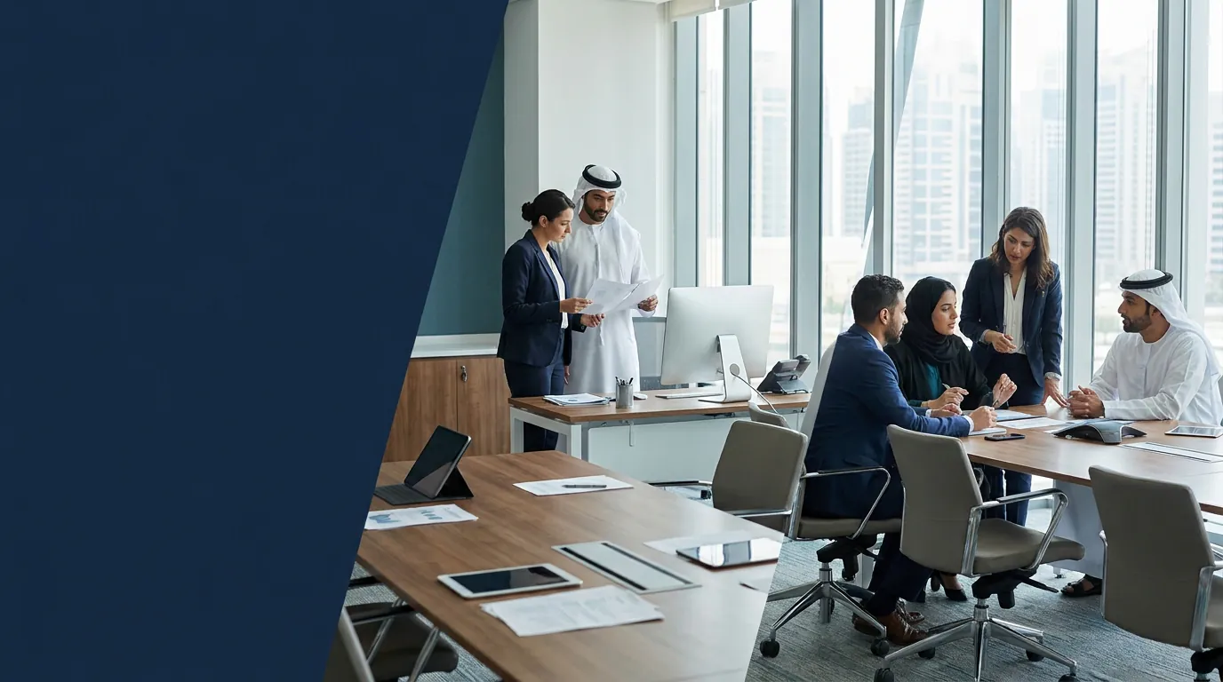 UAE authority representatives and professional advisers reviewing business information together