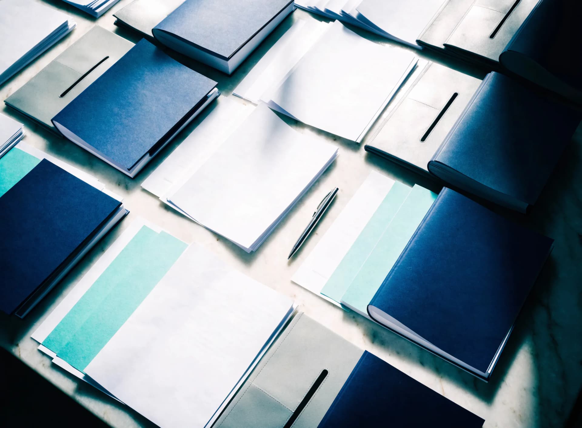 Overhead view of policy binders and briefing sheets arranged in neat rows on a records table