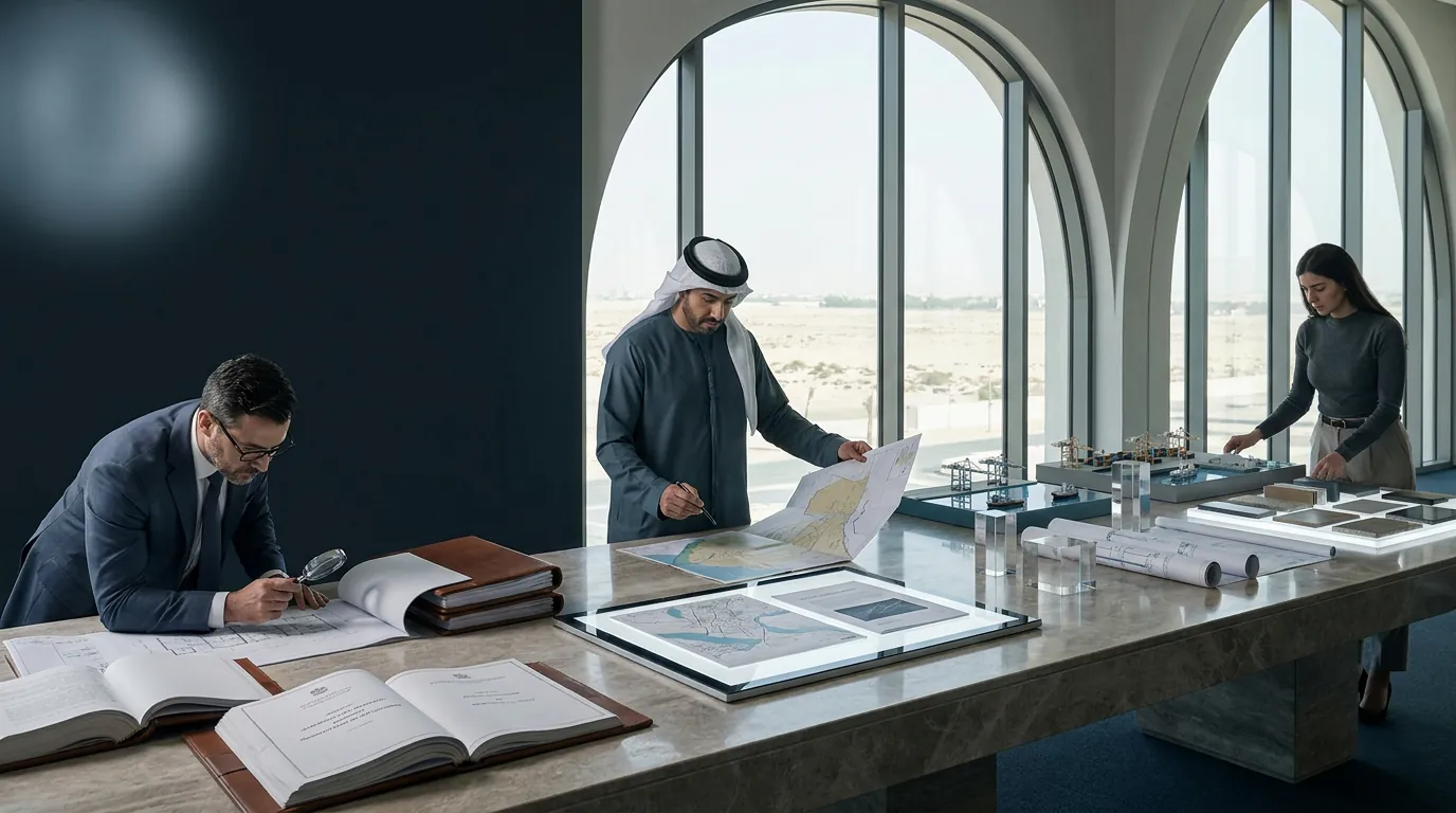 UAE professionals reviewing source documents and service plans around an institutional worktable