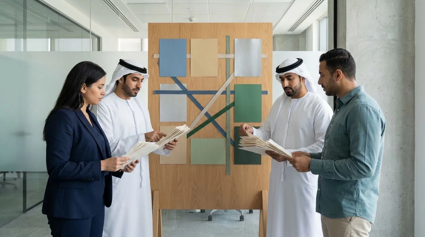 UAE business-services professionals reviewing correspondence beside an abstract inquiry routing board