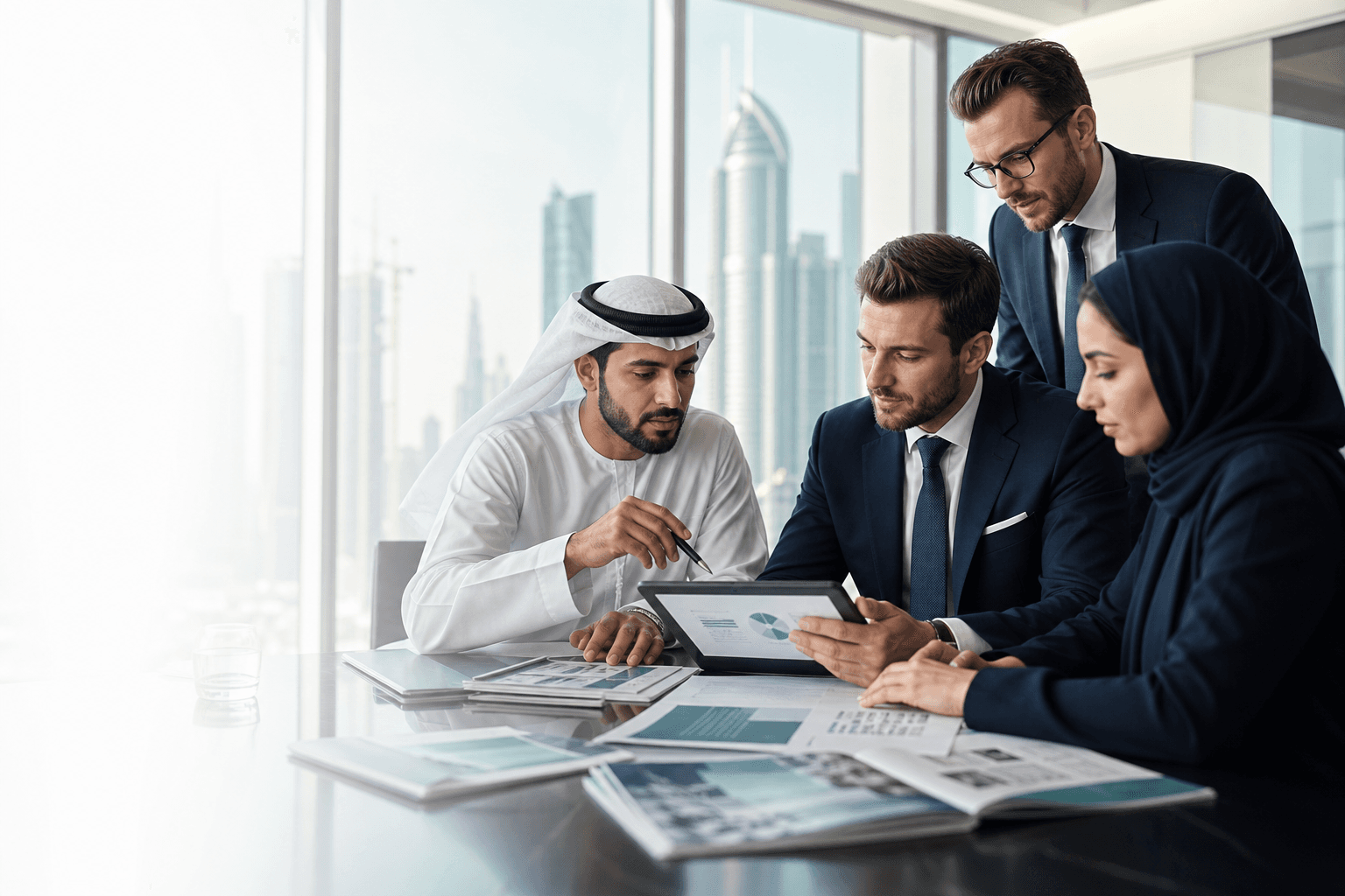 CSP advisory team reviewing Free Zone briefing documents together in a Dubai office