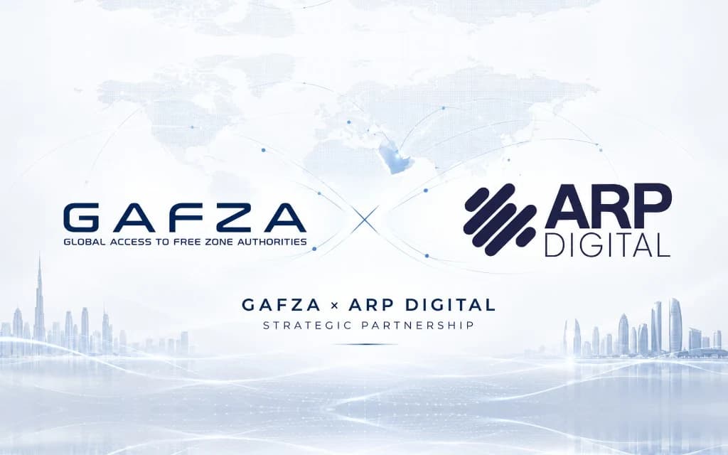 GAFZA and ARP Digital partnership announcement graphic showing both organisations' logos over a stylised world map and the Dubai skyline