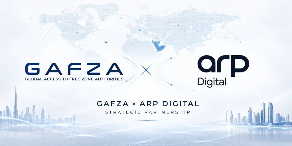 GAFZA and ARP Digital strategic partnership graphic, with both logos over a light world map and Gulf city skylines
