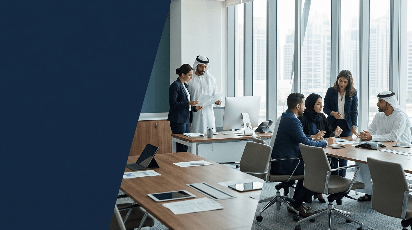 UAE authority representatives and professional advisers reviewing business information together